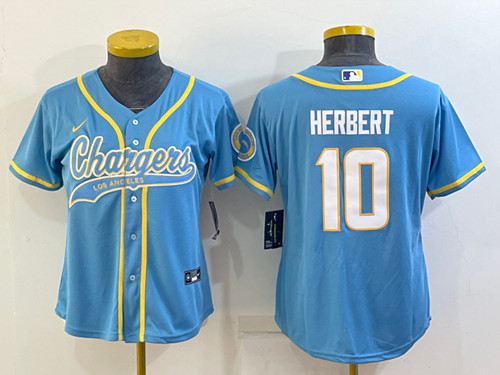 Women's Los Angeles Chargers #10 Justin Herbert Blue With Patch Cool Base Stitched Baseball Jersey(Run Small)
